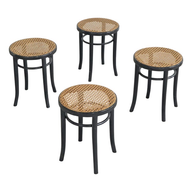 Vintage Stools in Lacquered Wood and Webbing, 1970s, Set of 4 For Sale
