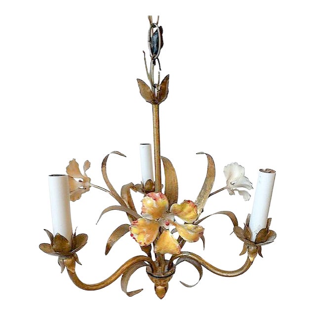 Early 20th Century Gold, Painted Floral 3-Light Chandelier For Sale