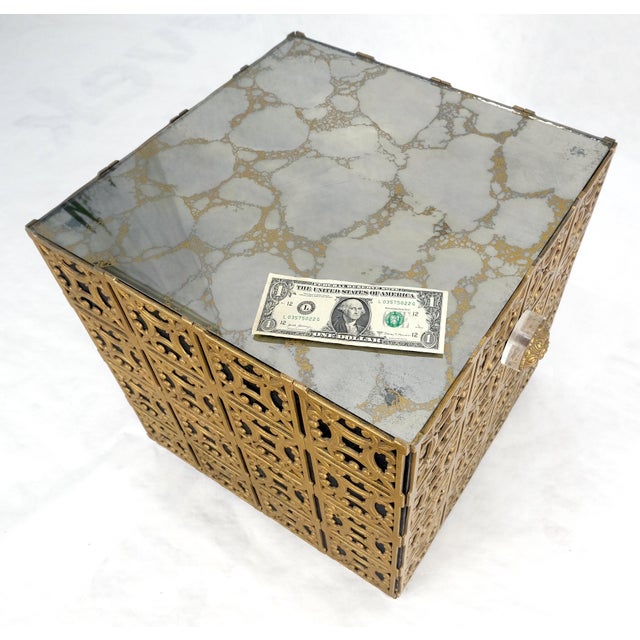 Decorative Brass Pattern Shaped Cube Base Side Table w/ Smoke Mirrored Top MINT For Sale - Image 11 of 13