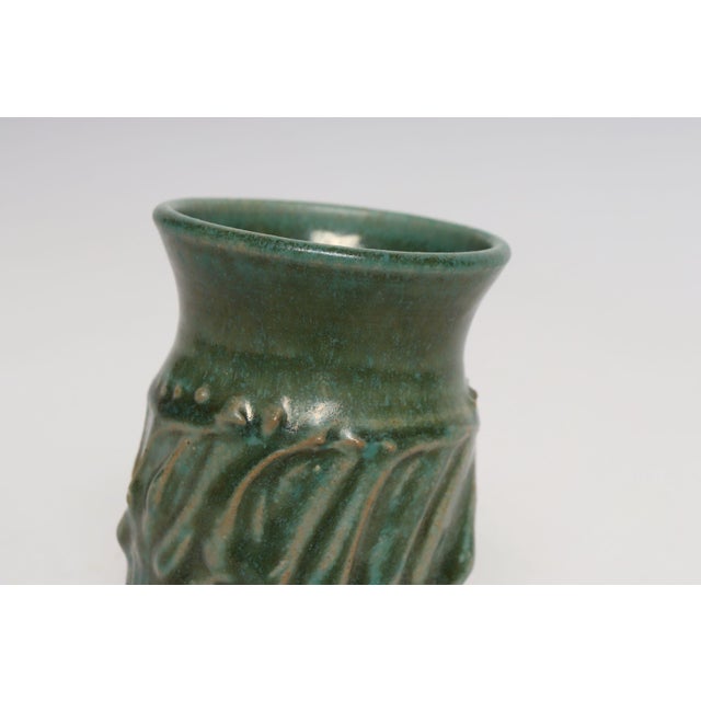 Ceramic Petite Vintage Green Glaze Studio Ceramic Sgraffito Bud Vase by Deanna Nichols For Sale - Image 7 of 11