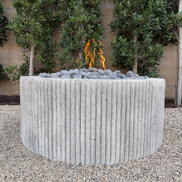 Modern Custom Limestone Texture Fire Pit With Fluted Edges With Fire Pebbles For Sale - Image 3 of 15