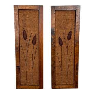 Mid-Century Embroidered Burlap Cattail Framed Wall Art - A Pair For Sale