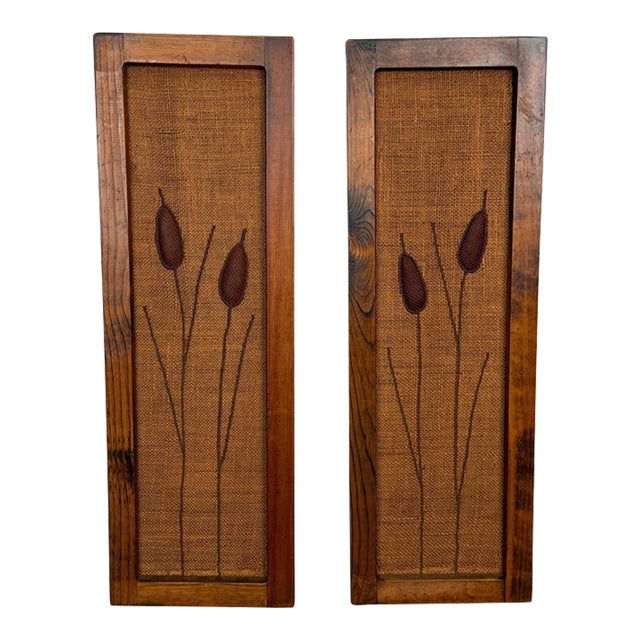 Mid-Century Embroidered Burlap Cattail Framed Wall Art - A Pair For Sale