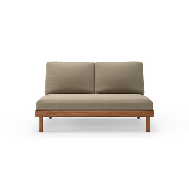 Mid-Century Modern Rishon Teak Outdoor Love Seat - Canvas Taupe For Sale - Image 3 of 5