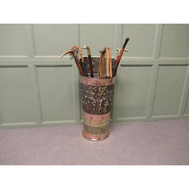 Large Arts and Crafts French Embossed Brass Stick Stand For Sale - Image 6 of 8