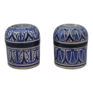 Mid 20th Century Moroccan Blue Fez-Ceramic Lidded Jars- 2 Pieces