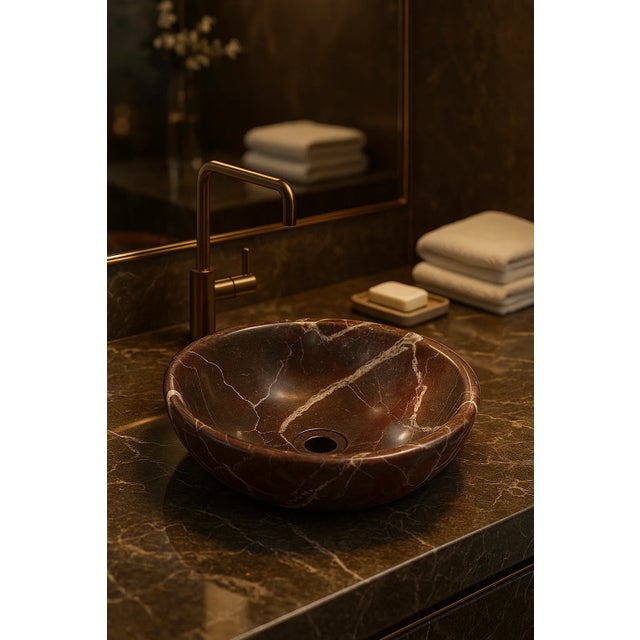 Modern Rosso Levanto Marble Vessel Sink – Round Polished Stone Bathroom Basin – Luxury Bathroom Sink for Modern Vanities For Sale - Image 3 of 6