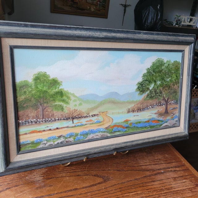1980s Tx Bluebonnets Landscape Oil Painting Signed 29x17" Frame Linen Matt 24 X 12 Art For Sale - Image 13 of 16