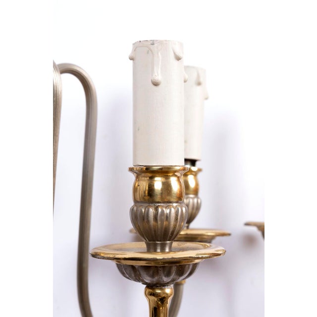 Metal Directoire Style Gilt & Silver Brass Wall Sconces, 1970s, Set of 2 For Sale - Image 7 of 12