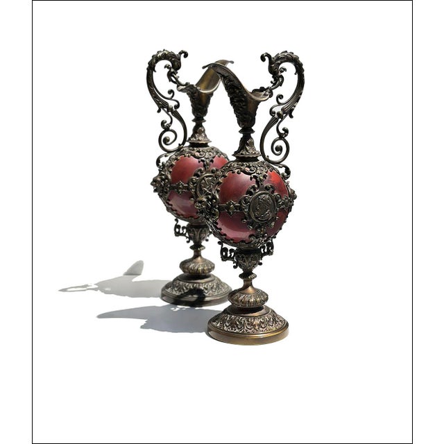 19thC Antique Ornate Brass Commemorative European Decorative Ewers-Set of Two For Sale - Image 9 of 10