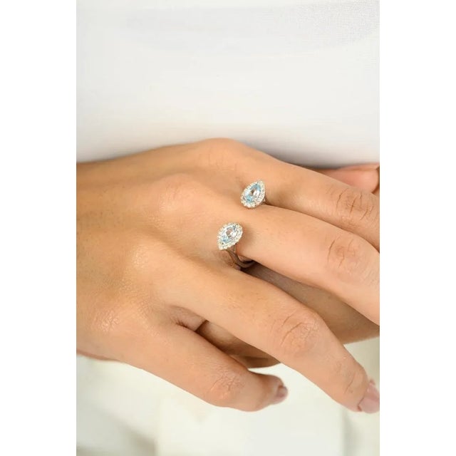 Two Pear Shaped Blue Topaz Halo Diamond Open Ring Size 6.5 For Sale In New York - Image 6 of 9