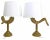 A handsome pair of brass and ram's horn table lamps. Possibly by Chapman Lighting, Classic 1970s American chic; weaving an...
