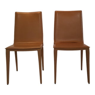 Modern Design Within Reach Leather Bottega Dining Side Chairs- A Pair For Sale