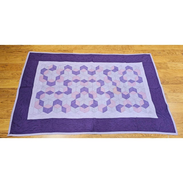Violet Vintage Pennsylvania Amish “Block and Star” Hand-Stitched Cotton Quilt For Sale - Image 8 of 12