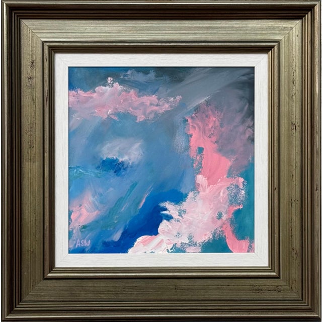 Pink Blue & White Abstract Art in a Bronze Frame by Contemporary British Artist 2025 For Sale