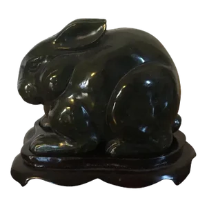 Chinese Art Deco Style Carved Hard Stone Rabbit Figure on Wood Stand