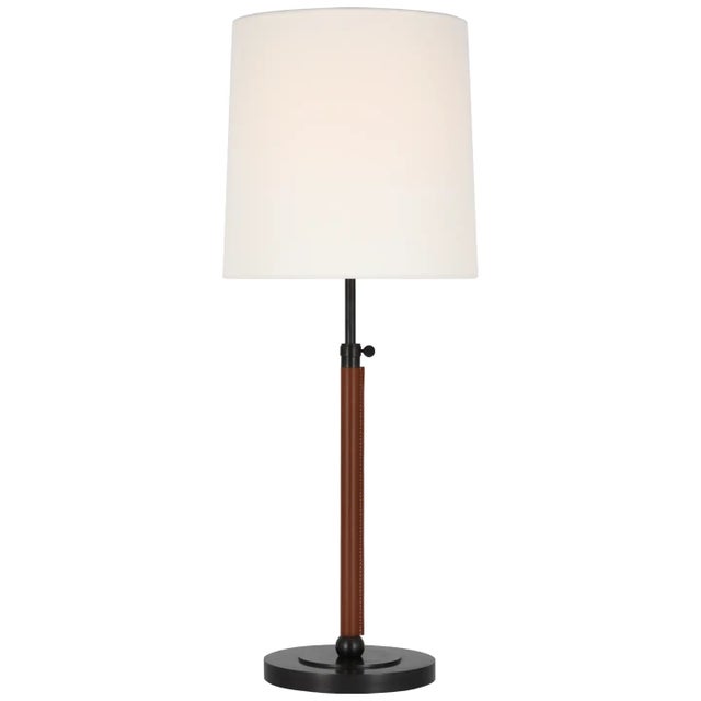 Thomas O'Brien by Visual Comfort Signature Bryant Large Wrapped Table Lamp in Bronze and Saddle Leather with Linen Shade For Sale