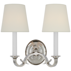 Thomas O'Brien for Visual Comfort Signature Channing Double Sconce in Polished Nickel with Linen Shades