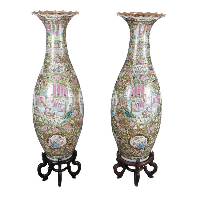 Pair of Antique Chinese Porcelain Canton Famille Rose Palace Urns Vases 53" For Sale