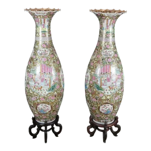 Pair of Antique Chinese Porcelain Canton Famille Rose Palace Urns Vases 53"