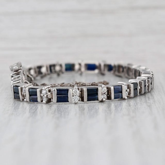 Modern 7.60ctw Blue Sapphire Diamond Tennis Bracelet 14k White Gold 7.25" 4.8mm For Sale - Image 3 of 8