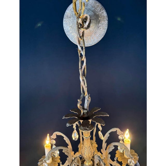 Brass Vintage Chandelier- Vintage Spanish Brass Chandelier With 8 Lights & Faceted Crystal For Sale - Image 8 of 8