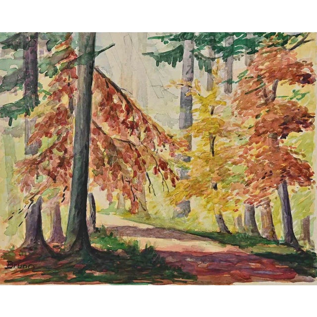 Autumn Landscape, Original Watercolor, Mid-20th Century For Sale