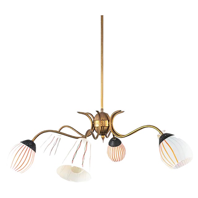 Brass & Glass 6-Light Pendant Lamp, 1950s For Sale