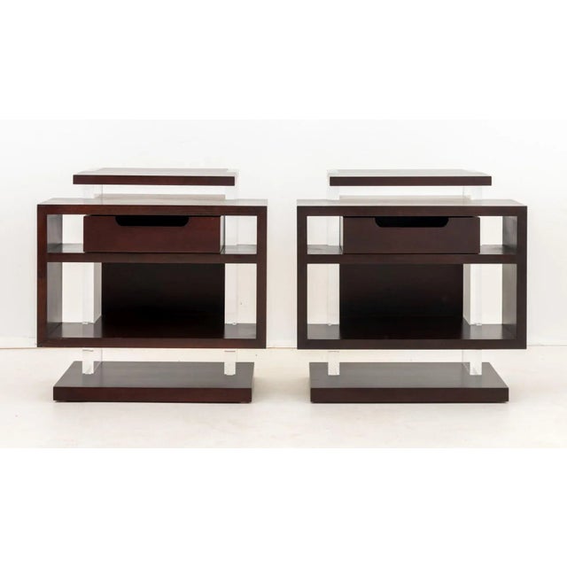 Pair of Modern Mahogany and Acrylic End Tables, with single drawer and open shelf. 24.25" H x 24" W x 17" D. Provenance:...