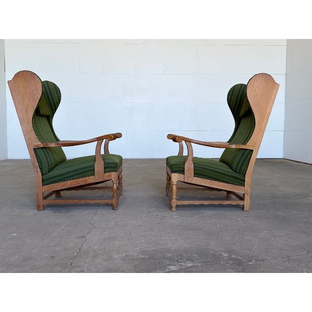 Scandinavian Oak Wingback Lounge Chairs in Striped Wool, 1940s, Set of 2 For Sale - Image 6 of 13
