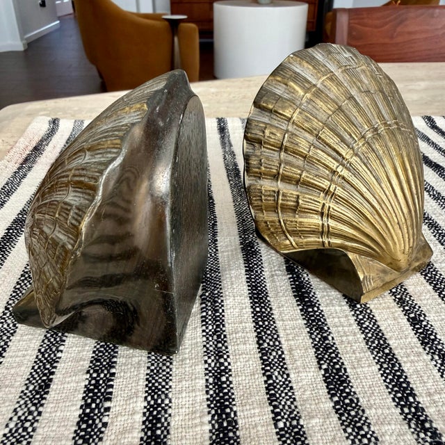 Pair Of Vintage PMC Brass Shell Bookends Mid Century Coastal Scallop VTG MCM Great overall condition. STUNNING APPEARANCE....