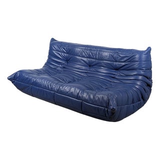 Vintage Togo Three-Seater Sofa in Blue Leather by Michel Ducaroy for Ligne Roset, 1980s For Sale