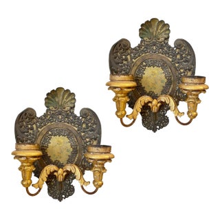 19th Century Italian Pair of Tole & Gilded Wood Sconces For Sale