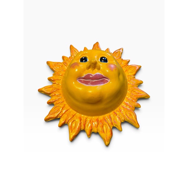Late 20th Century Late 20th Century Whimsical Yellow Ceramic Sun Face Wall Plaque For Sale - Image 5 of 7