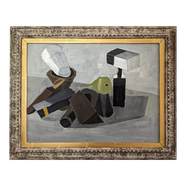 1968 Mid-Century Modern "Stacked Objects" Vintage Still Life Oil Painting by Swedish Artist Gunnar Hållander (1915-1980), Framed For Sale