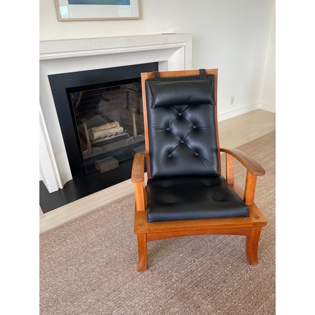 Contemporary Thomas Moser Lolling Chair & Ottoman in Cherry and Black Leather For Sale - Image 3 of 8