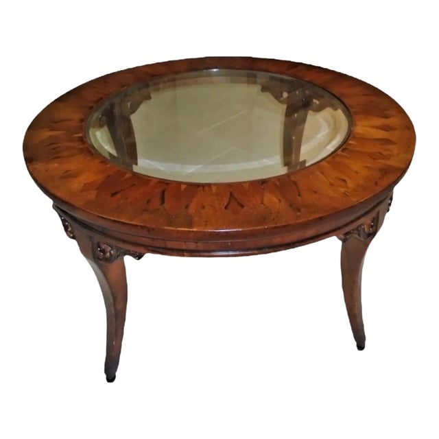 1980s Vintage Glass and Inlaid Wood Coffee Table For Sale