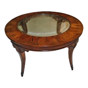 1980s Vintage Glass and Inlaid Wood Coffee Table