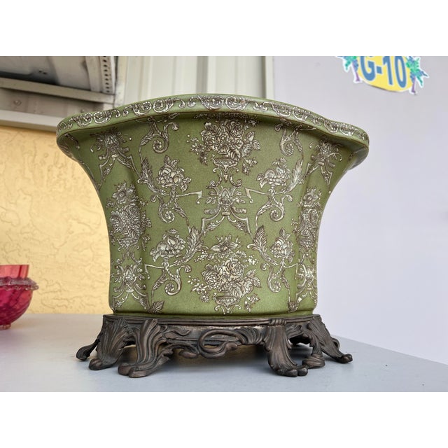 Antique Green Porcelain Crackle Glaze Bowl / Brass Footed Cache Pot / Jardiniere For Sale - Image 4 of 9