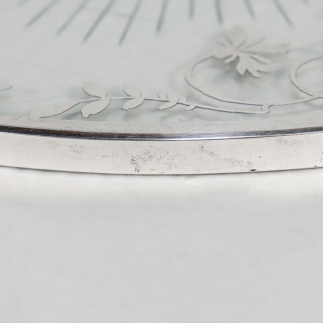 Antique Large 10-Inch Silver Overlay & Glass Floral Wine Coaster or Table Trivet For Sale In Philadelphia - Image 6 of 15