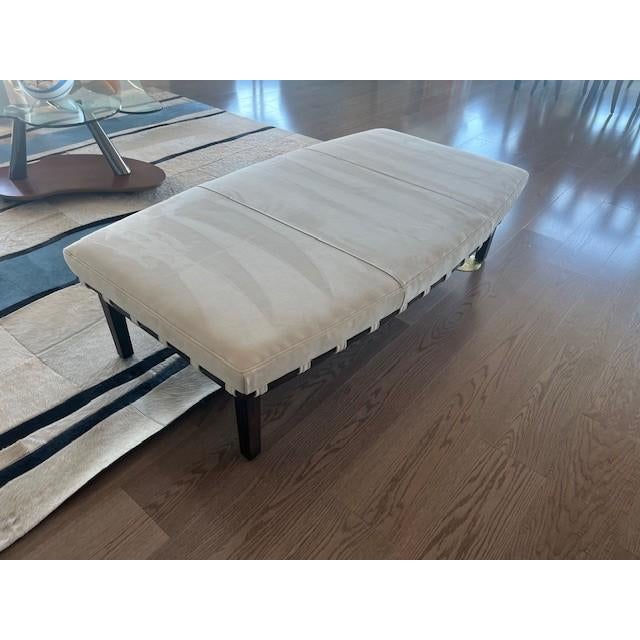 Zelis Bench, beige microsuede on cherry legs. 59.5" wide x 33.75" deep x 16" high. Only 5 years old and in like-new...