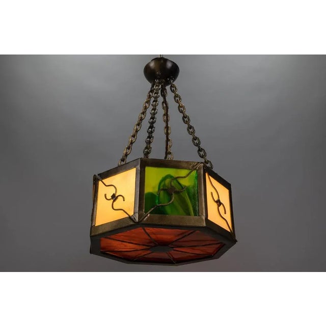 Mid-Century Octagonal Patinated Metal and Art Glass Pendant Light, Germany For Sale - Image 10 of 18