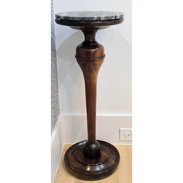 English Vintage Baluster Turned Wood Pedestal Accent Table With Gray Marble Top For Sale - Image 3 of 10