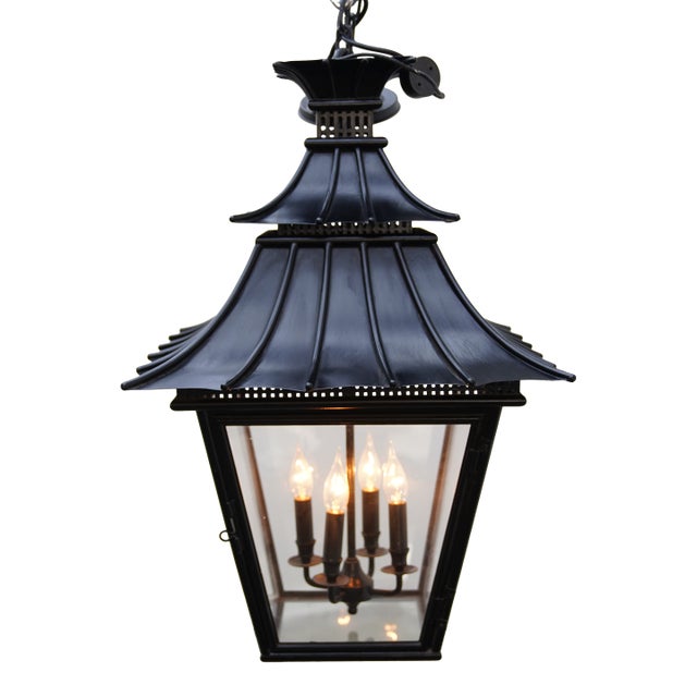 1990s Black Iron Pagoda Style Chandelier W/O Chain For Sale