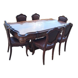 Piedmontese Table with Chairs in Walnut, 1890s, Set of 7 For Sale