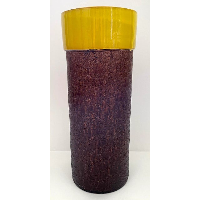 Hand Made Italian 17 inch tall ceramic vase / umbrella stand. Textured multi tone brown lower section with glossy mustard...
