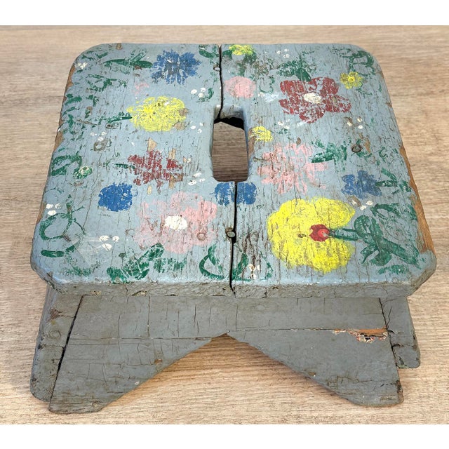 Antique Primitive Farmhouse Gray Floral Footstool For Sale - Image 6 of 12