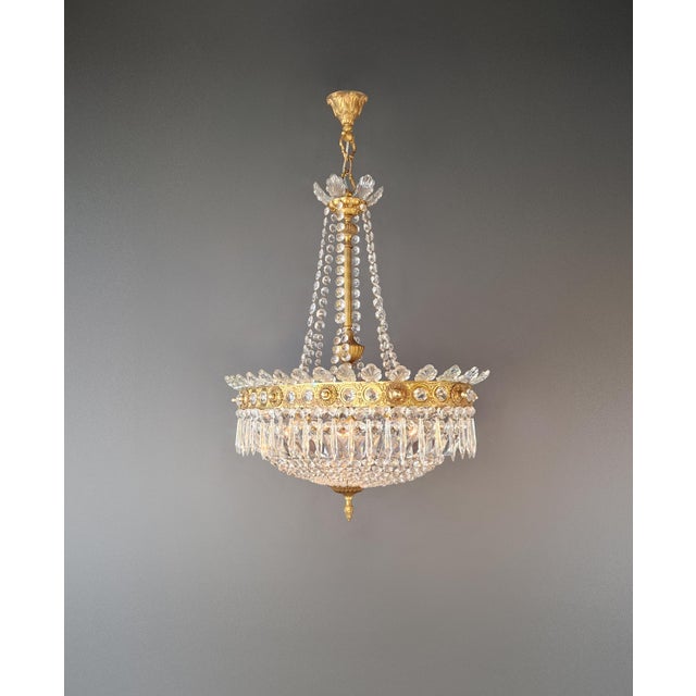 Antique Oval Empire Style Crystal Chandelier Brass Neoclassical Light Restored For Sale - Image 4 of 15