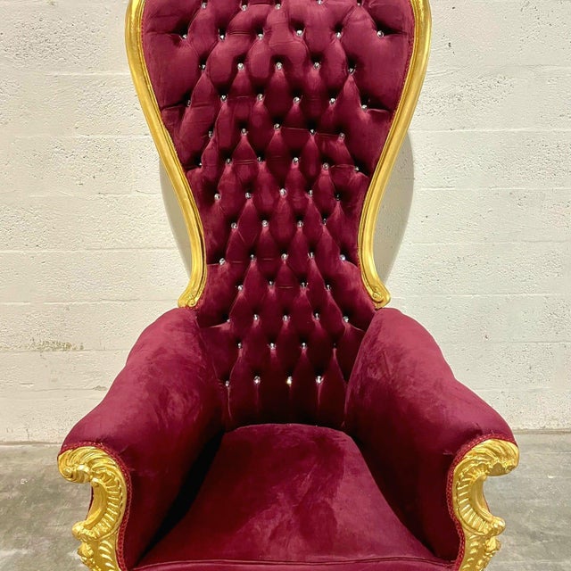 Textile French Style Burgundy Velvet High-Back Tufted Gold For Sale - Image 7 of 7