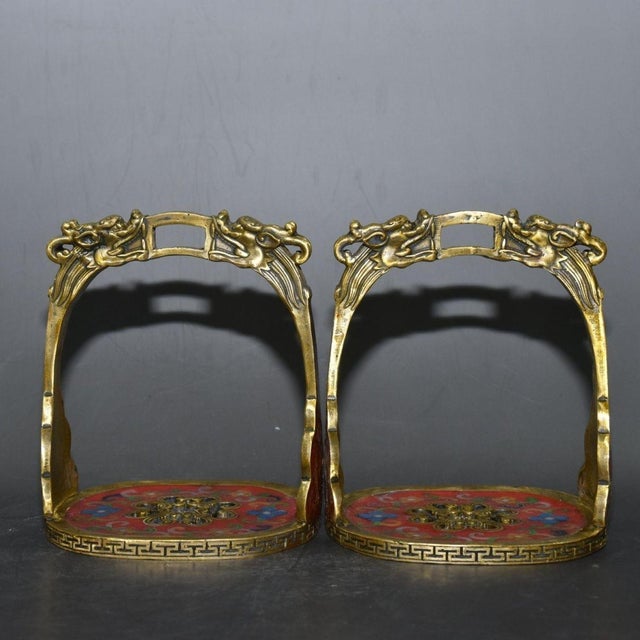 Pair of Antique Cloisonné Enamel Stirrups With Dragon Motif, 1.95kg For Sale In Los Angeles - Image 6 of 9